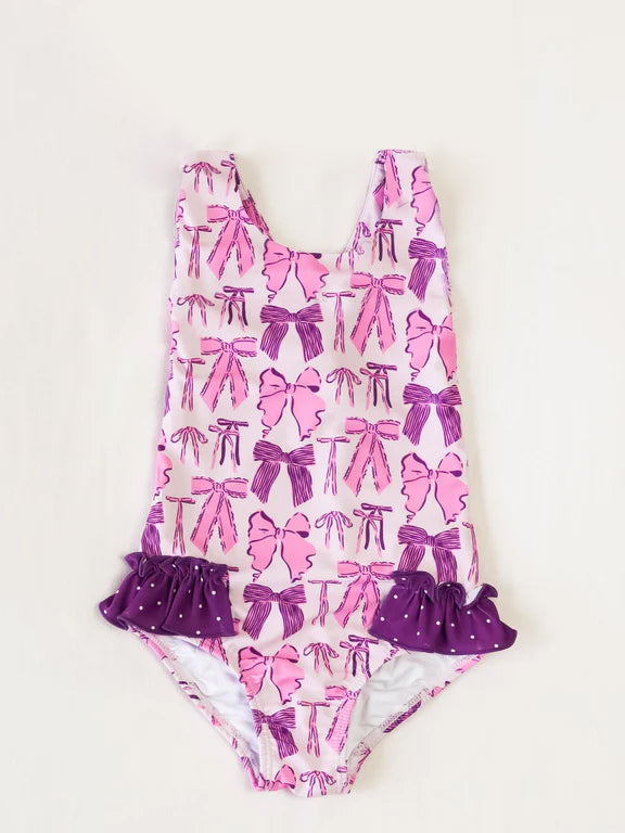 toddle girls pink purple bow one piece swimsuit preorder