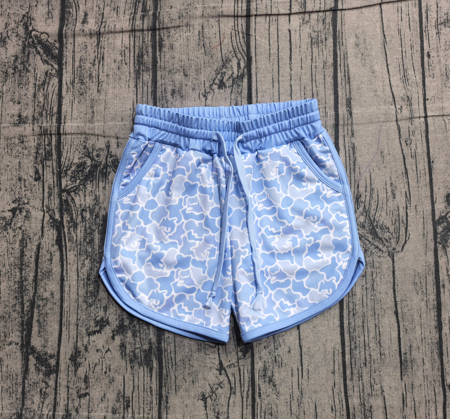 Baby boy blue camo summer swim trunks preorder