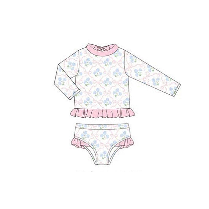 Blue floral design baby two pieces bathing suit kids swimwear preorder