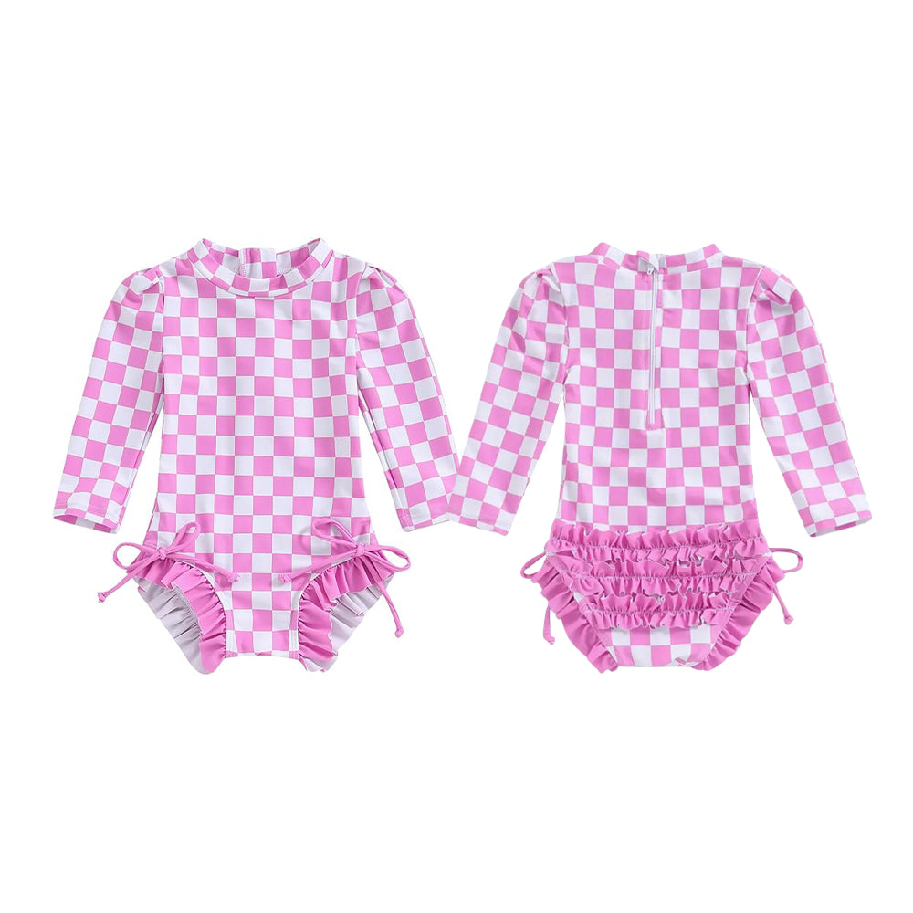 Pink plaid one piece bathing suit kids swimwear preorder