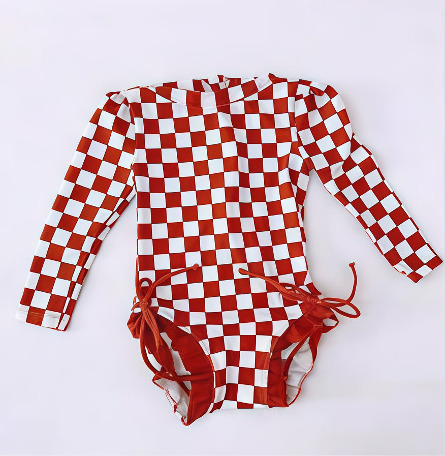 Red plaid one piece bathing suit kids swimwear preorder