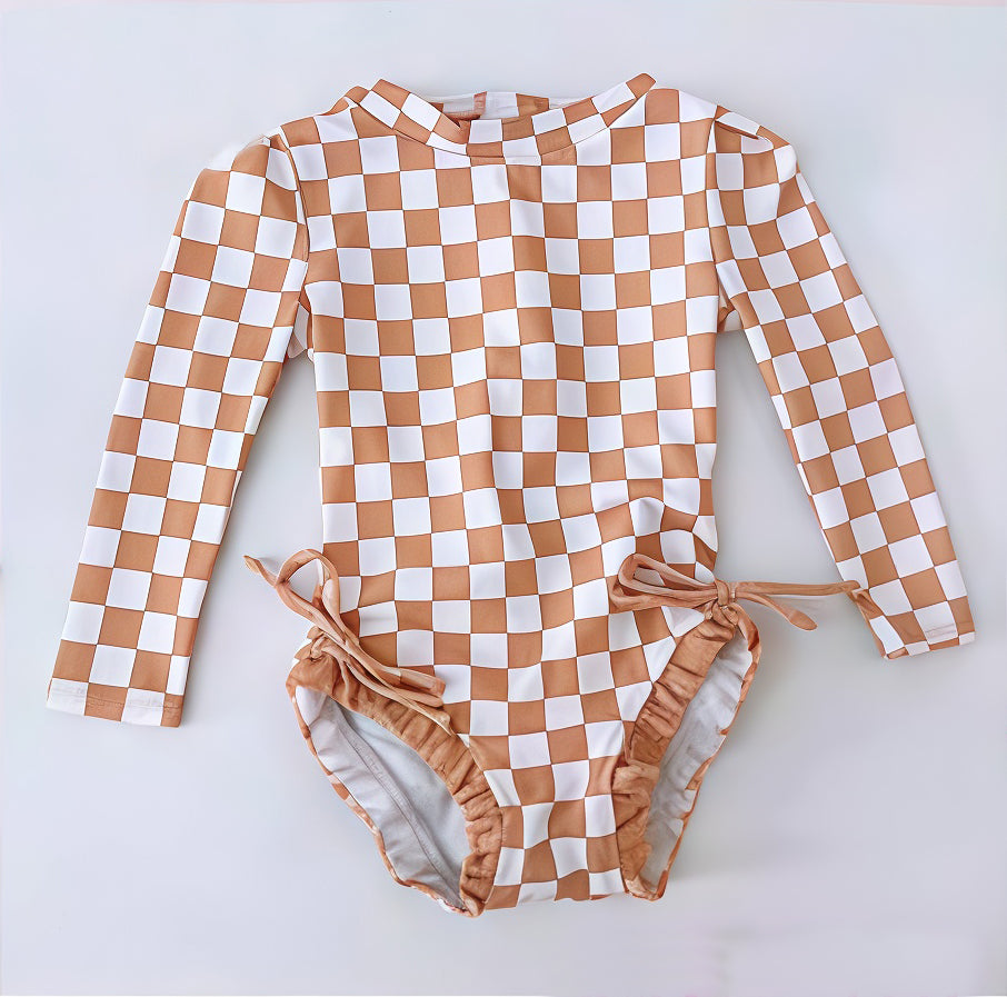 Khaki plaid one piece bathing suit kids swimwear preorder