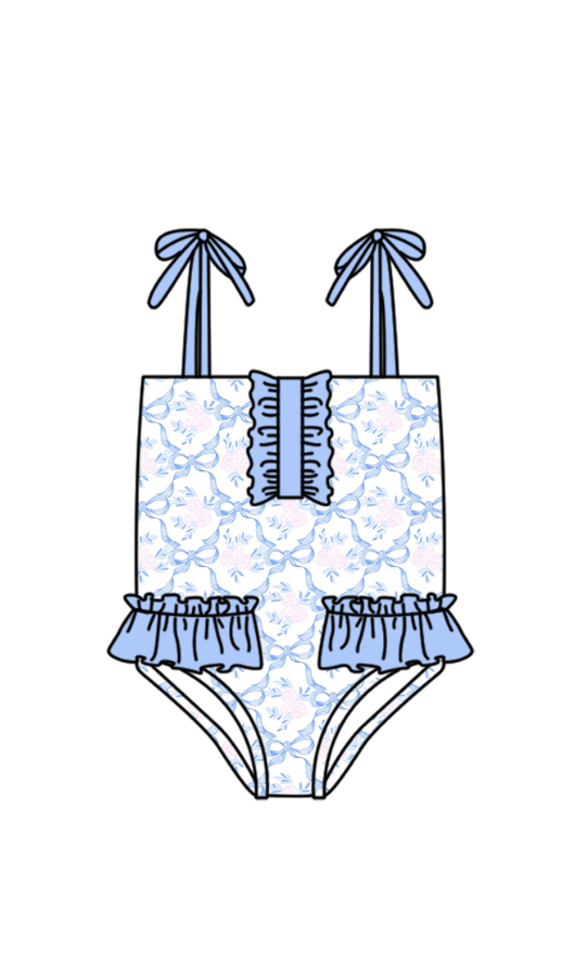 One piece blue bow bathing suit kids swimwear preorder