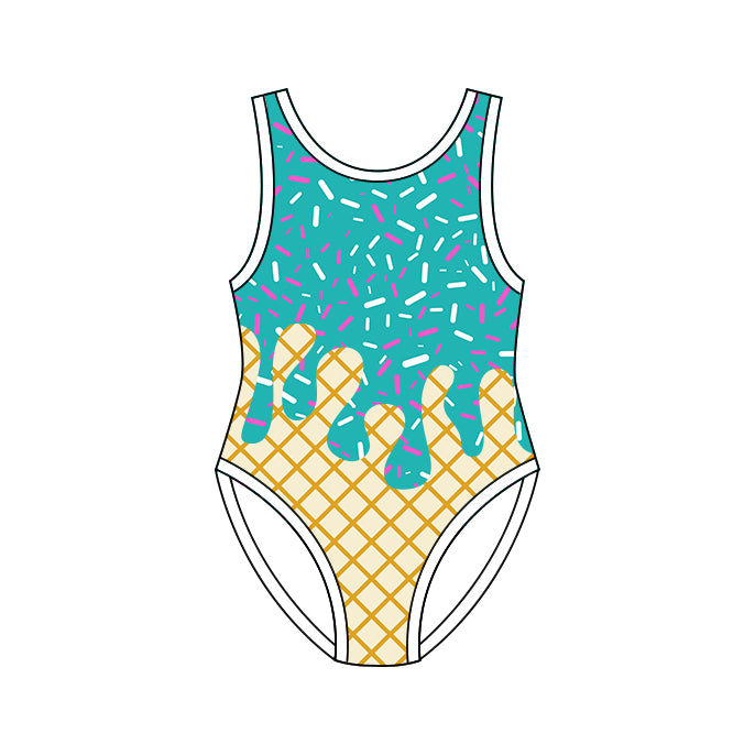 One piece turquoise color drip design bathing suit kids swimwear preorder