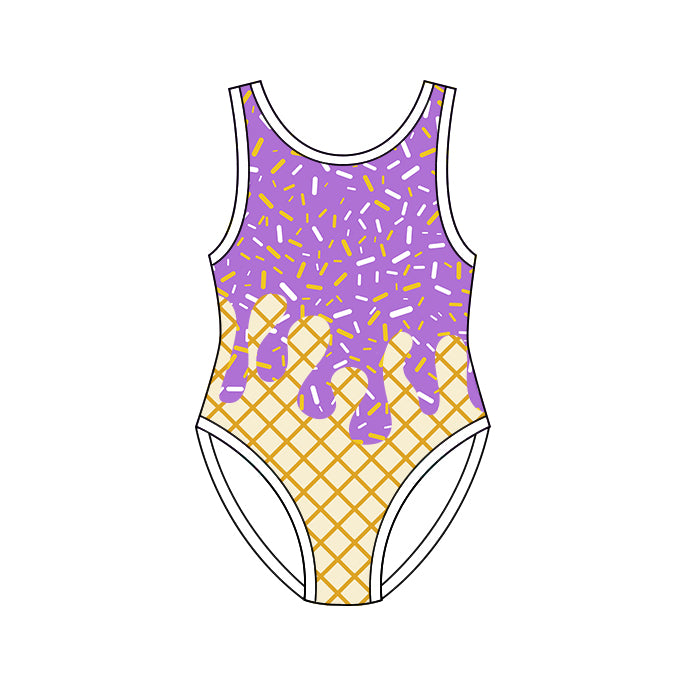 One piece lavender color drip design bathing suit kids swimwear preorder
