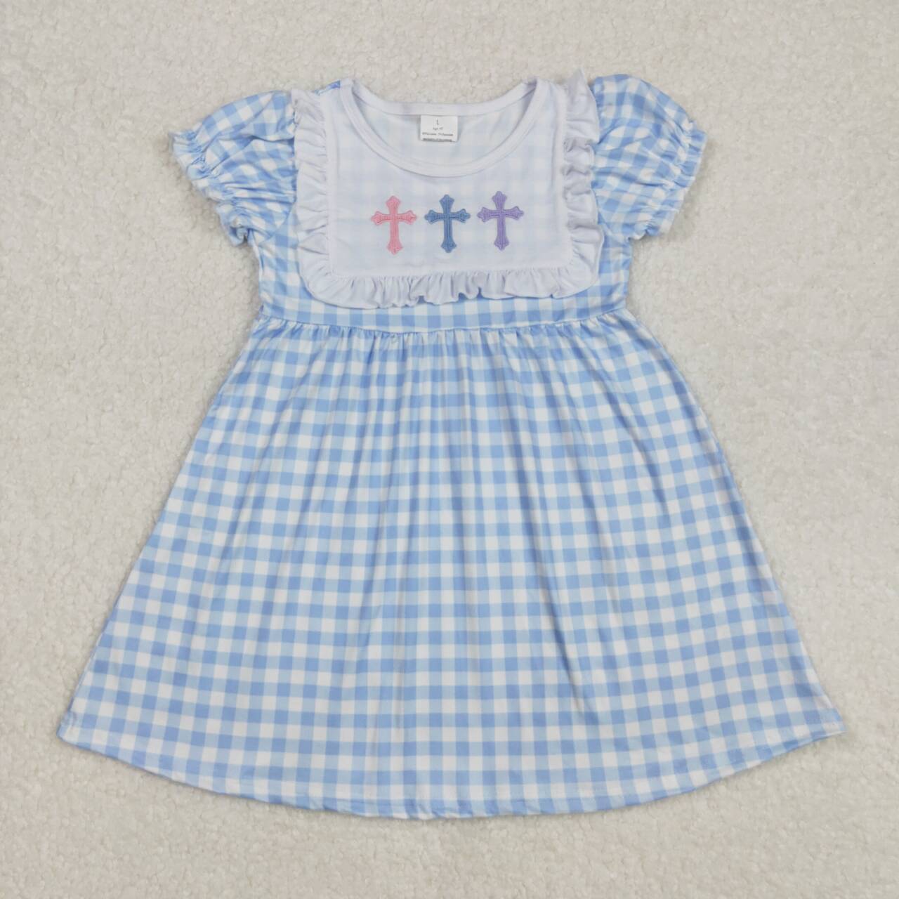 Embroidery Easter cross blue plaid baby girls dress
