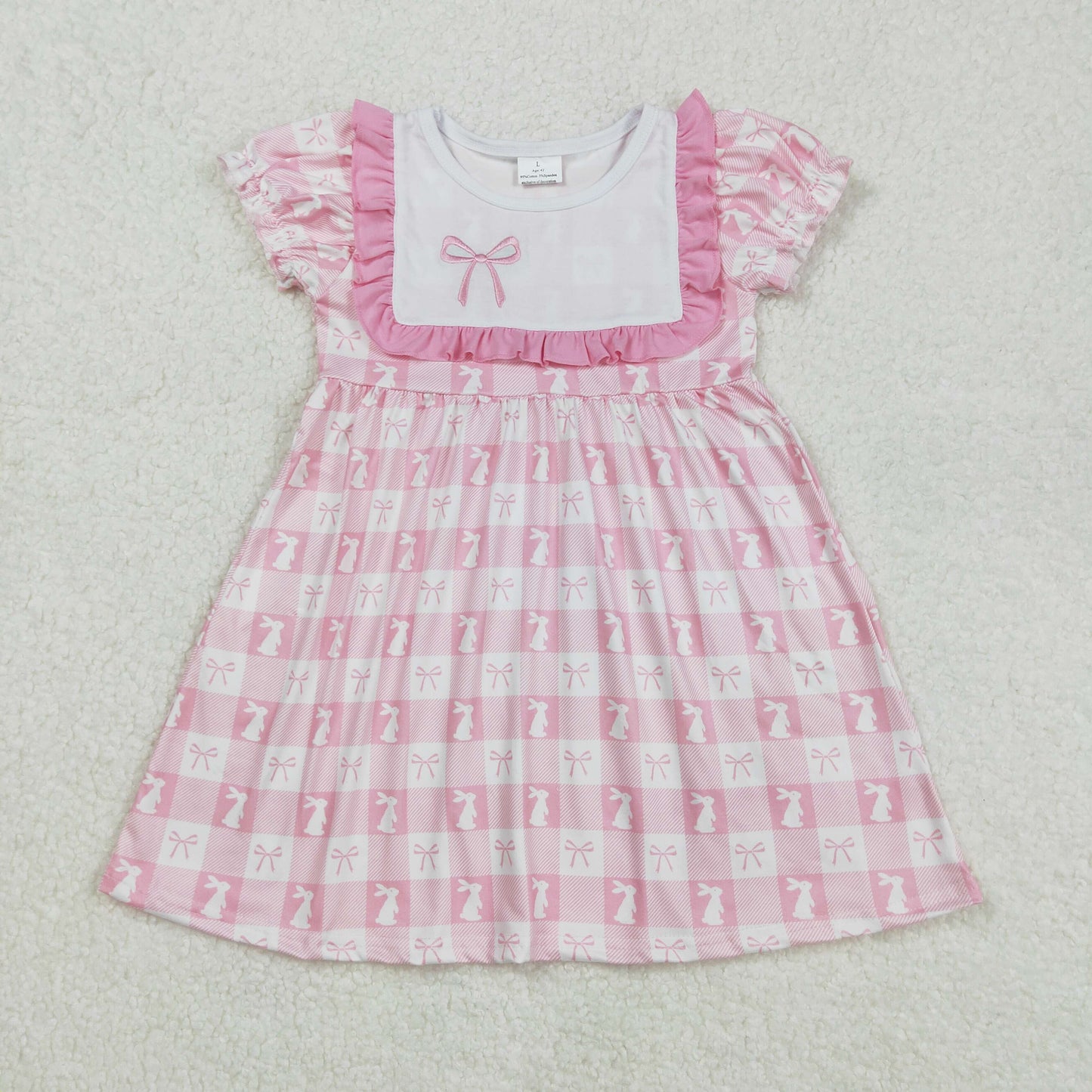 Toddle baby girls embroidery Easter bunny pink bow dress