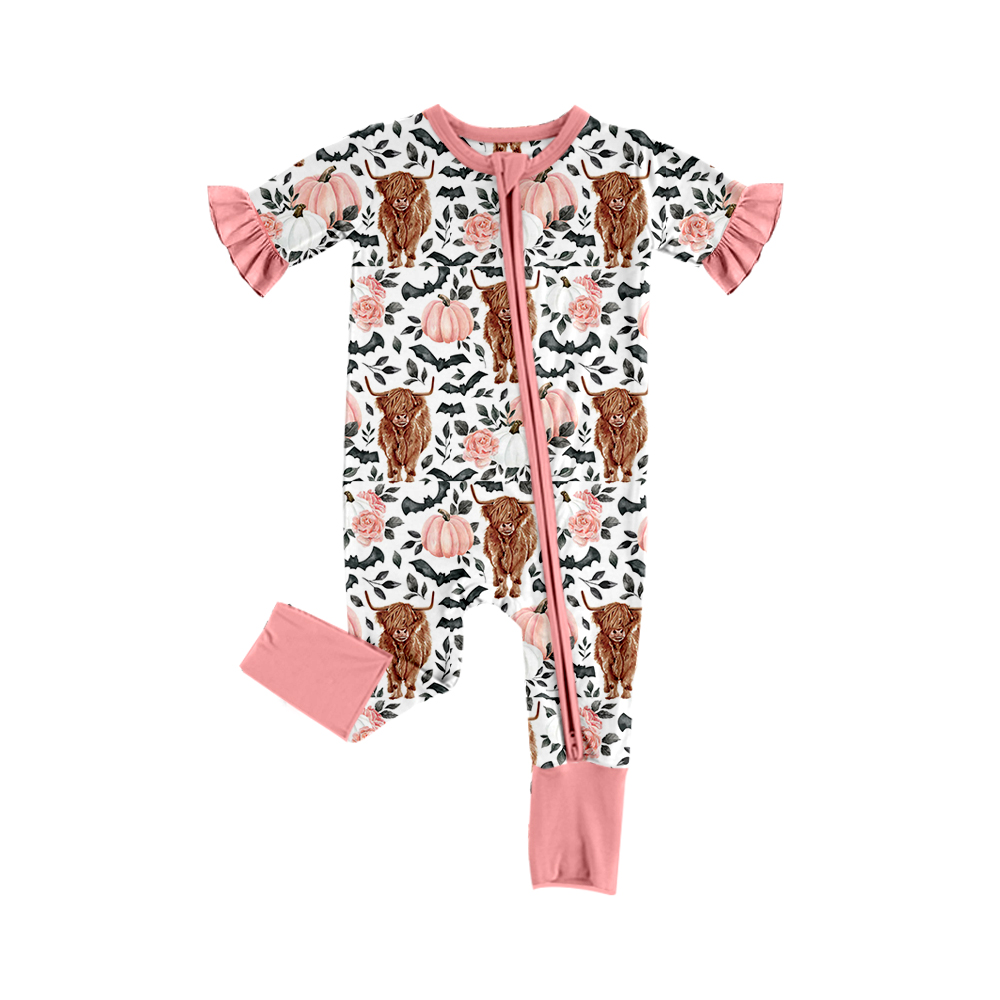 toddle baby highland cow pink pumpkin floral zip romper preorder