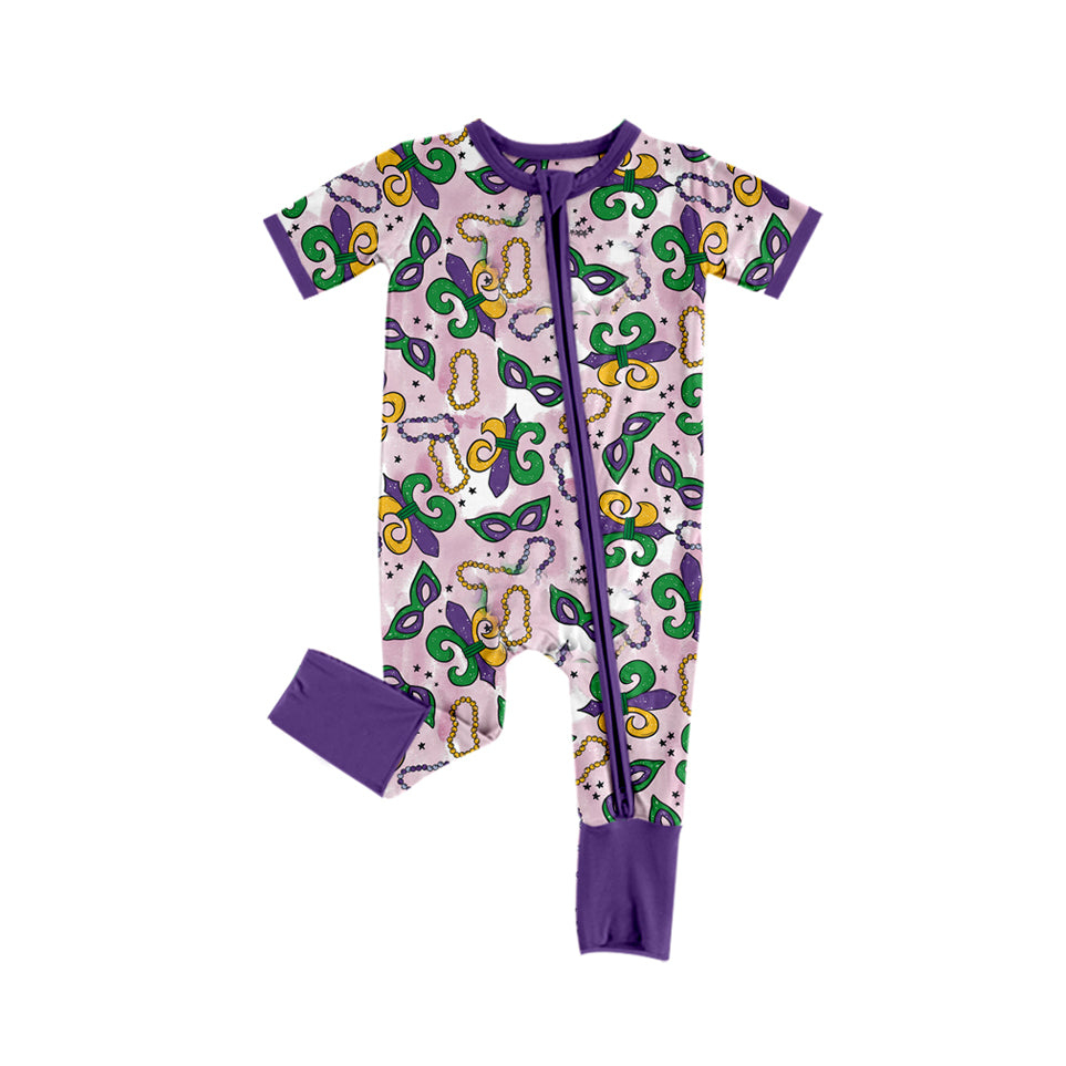 Toddle baby girls Mardi Gras mask long sleeve zip romper preorder