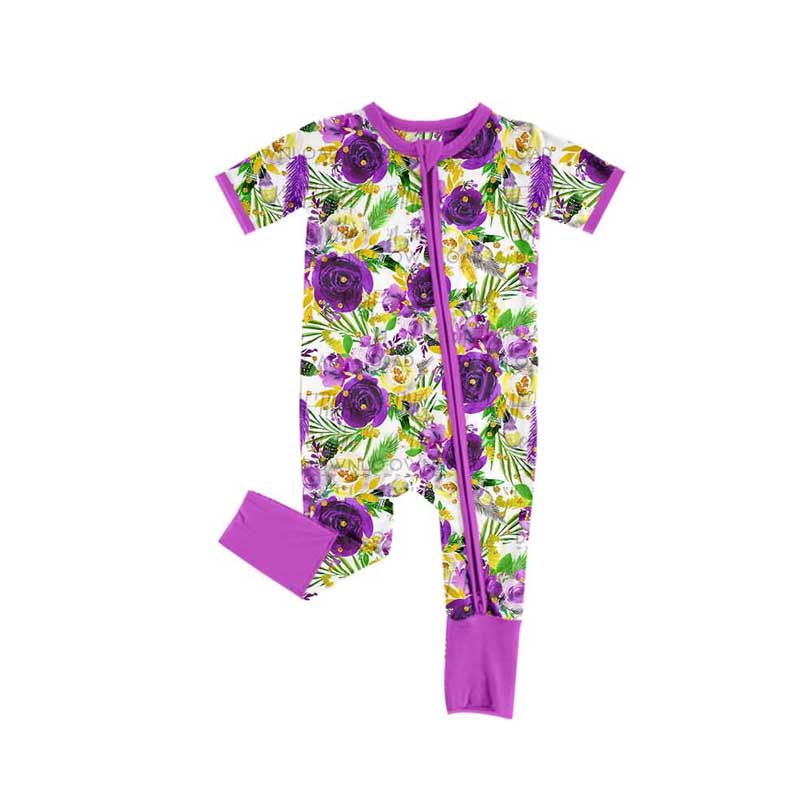 Purple floral baby girl short sleeve zip romper preorder