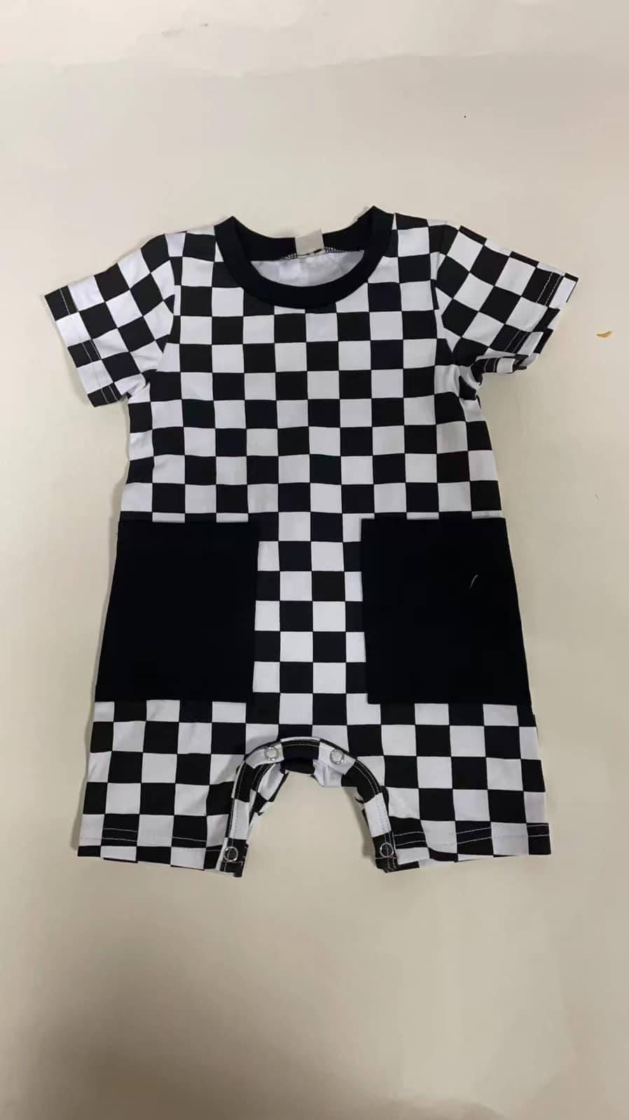 Toddle baby boy black checkered pocket romper preorder