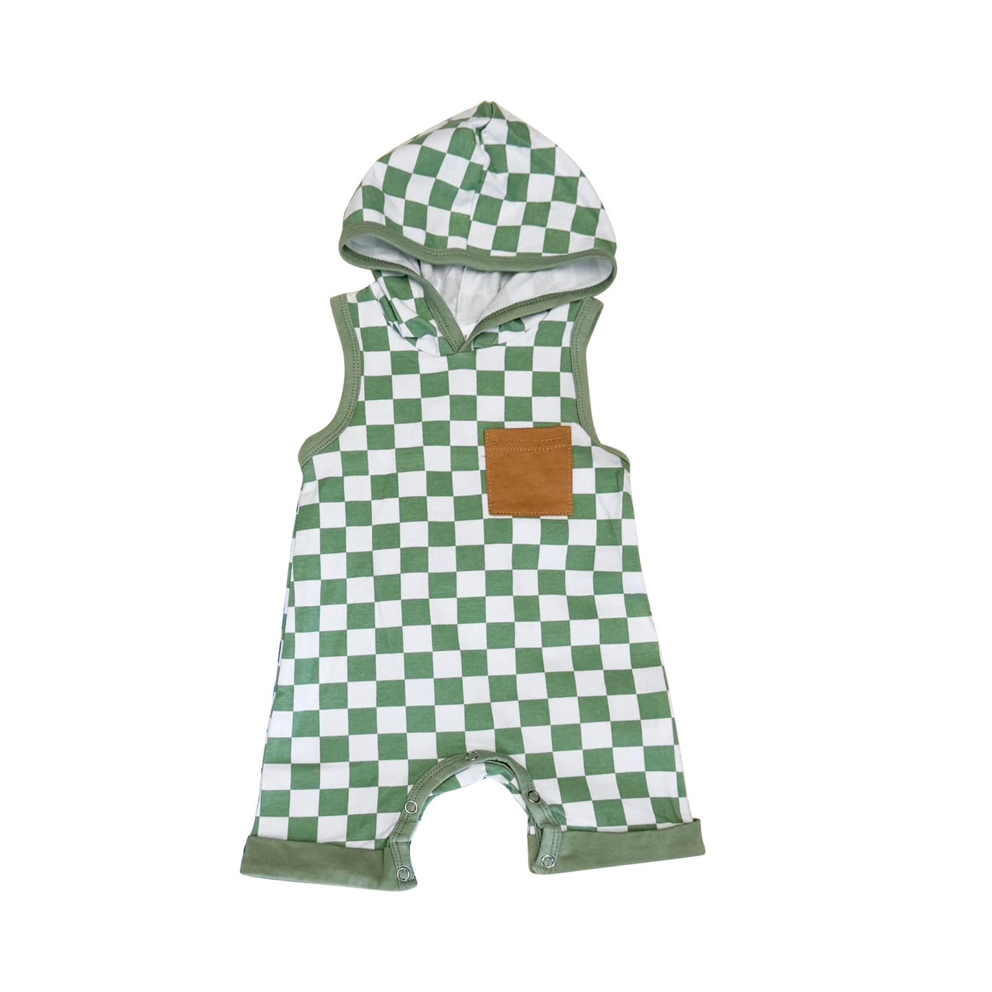 Toddle baby boy green checkered hoodie romper preorder