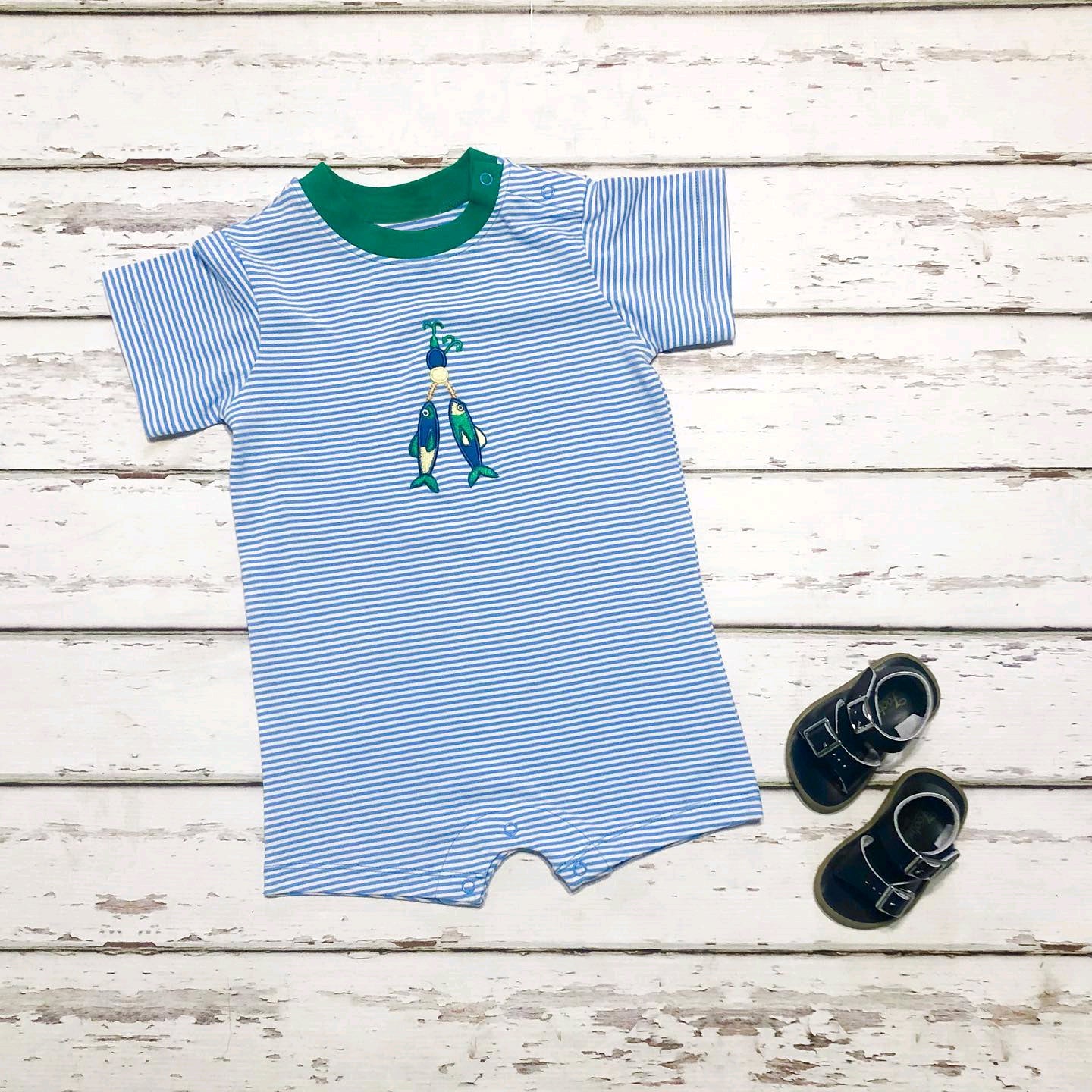 Toddle baby boy blue stripes fishing romper preorder