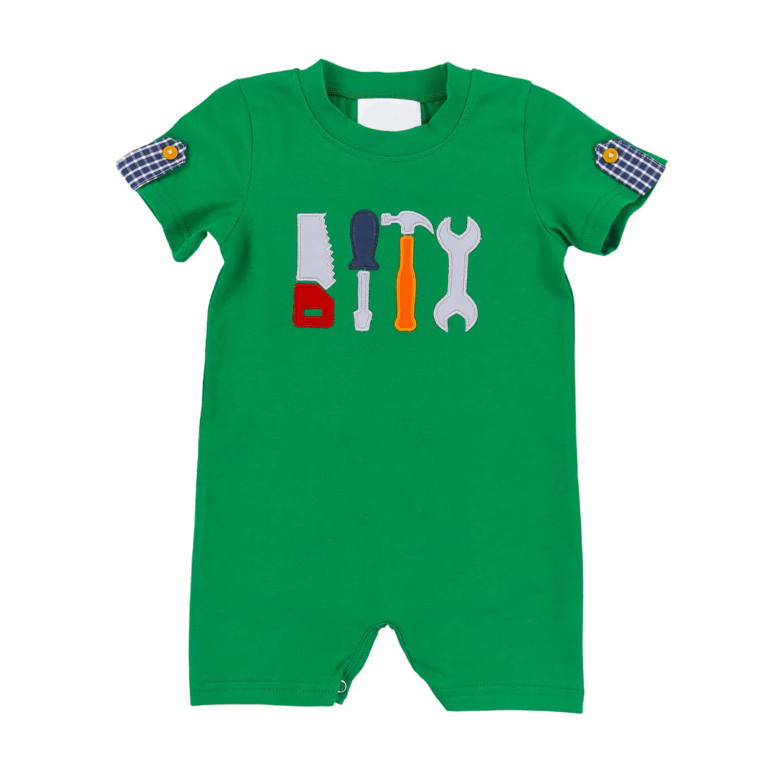 Toddle baby boy tool print green romper preorder