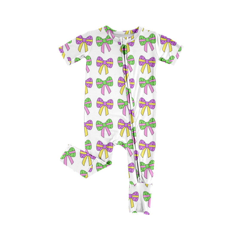 Toddle baby boy Mardi Gras bow romper preorder
