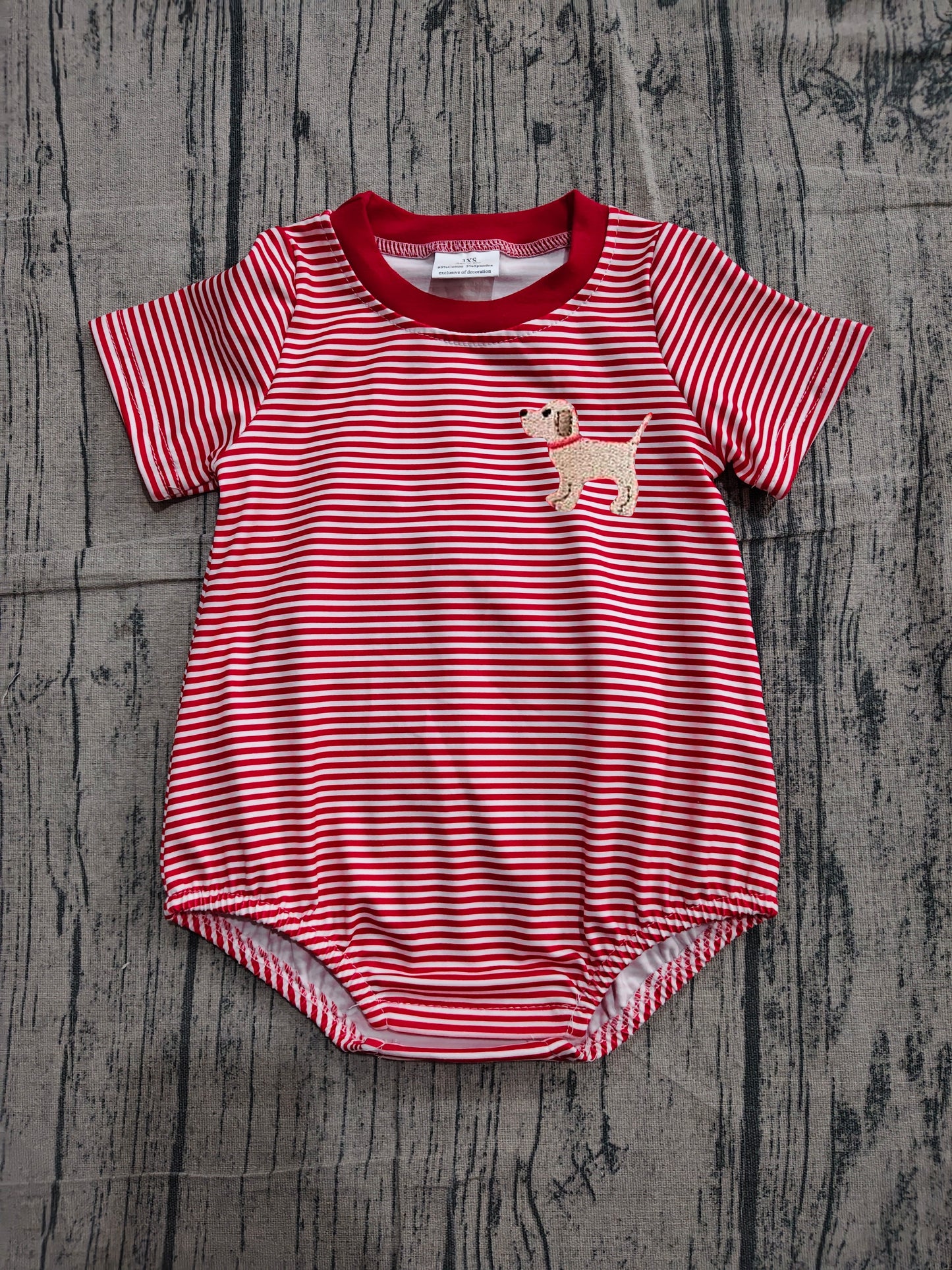 Red stripes toddle boy embroidery dog romper preorder