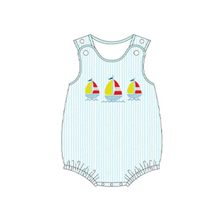 Toddle boy blue stripes sailboat summer romper preorder