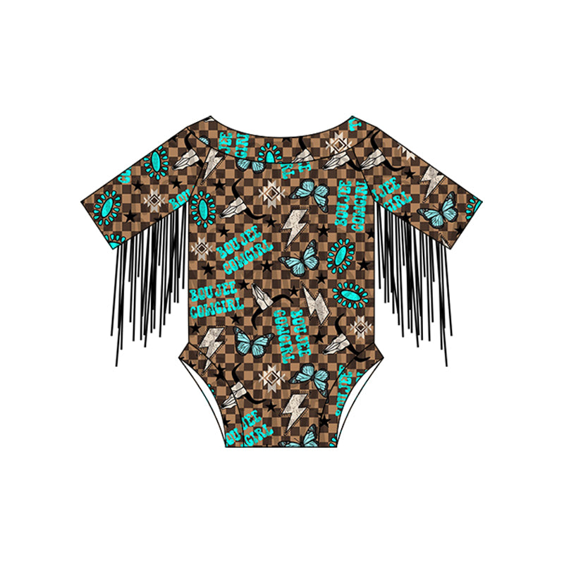 Baby girls western turquoise cow summer romper preorder