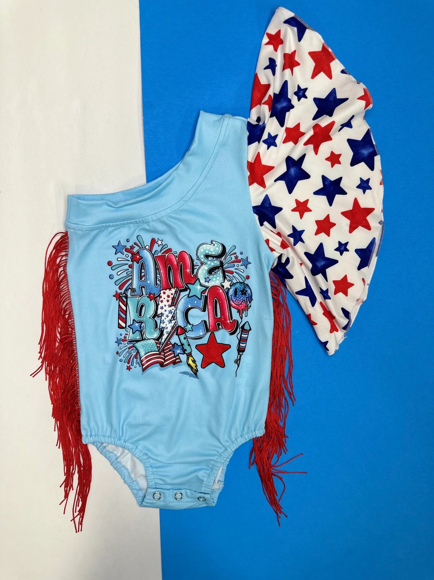 American flag smile face girls tassel romper preorder