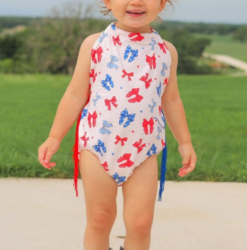 America girls red pink bow July 4th romper preorder