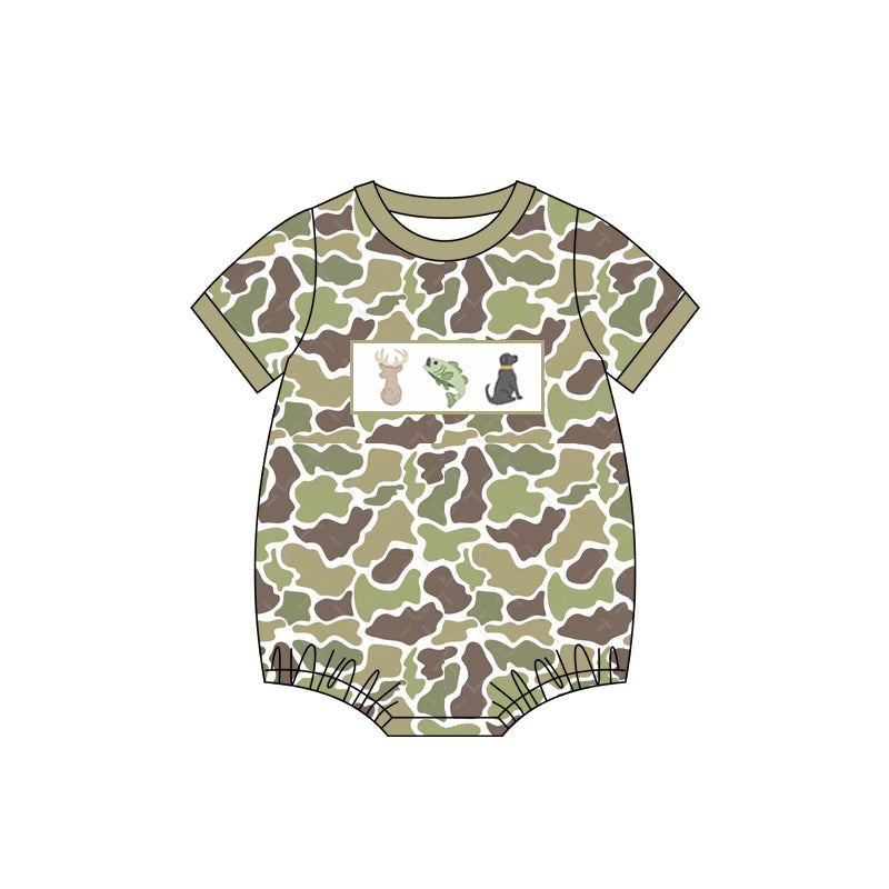 Toddle boy deer fishing dog green camo summer romper