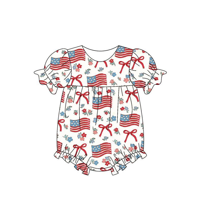 America flag red bow July 4th summer romper preorder