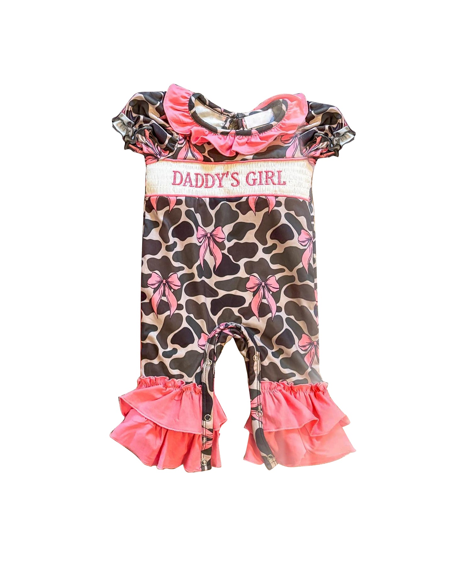 Daddys girl pink bow camo romper preorder