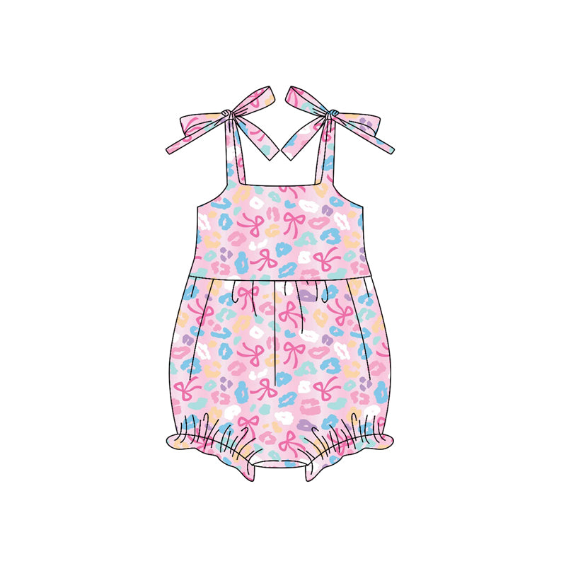 Colorful leopard pink bow girls summer romper preorder