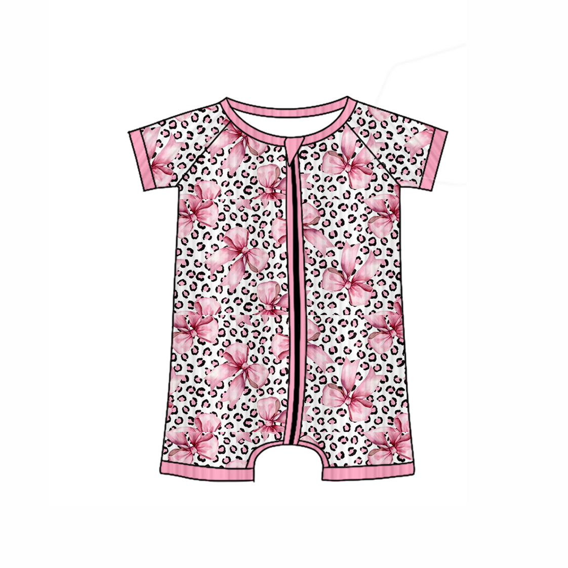 Toddle baby girl pink bow leopard ribbed zip romper preorder