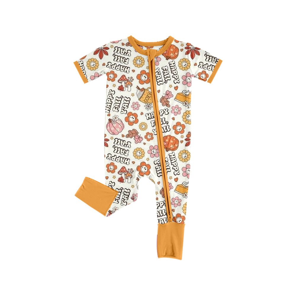 Happy fall yall girls pumpkins short sleeve zip romper preorder