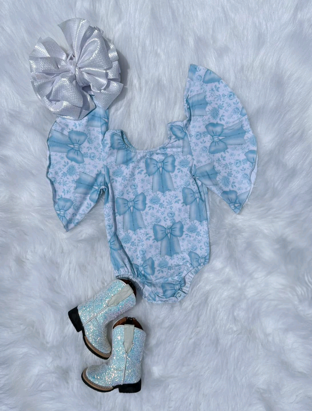 Blue bow design infant baby girls short sleeve romper preorder
