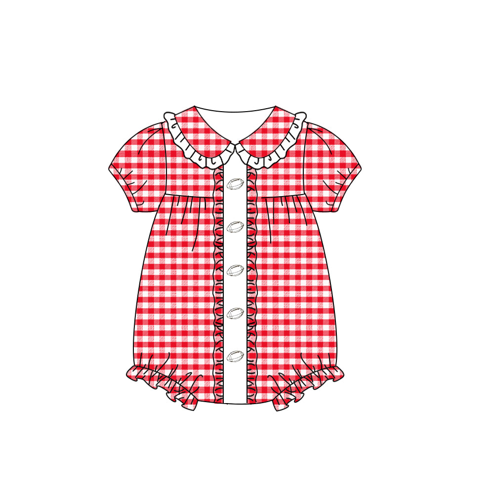 Red plaid football design kids short sleeve romper preorder