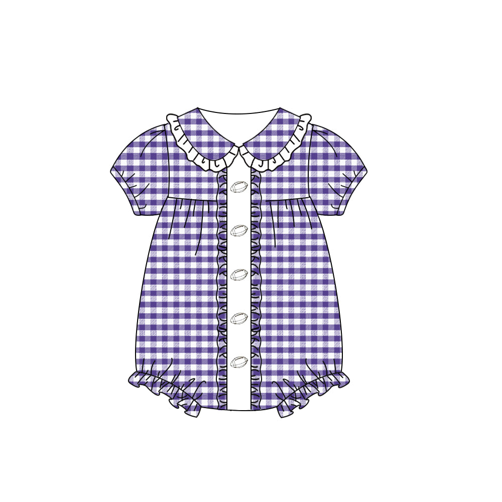 Lavender plaid football design kids short sleeve romper preorder