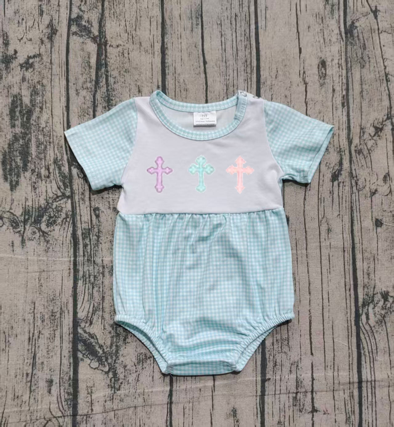 Embroidery Easter cross short sleeve boys romper preorder
