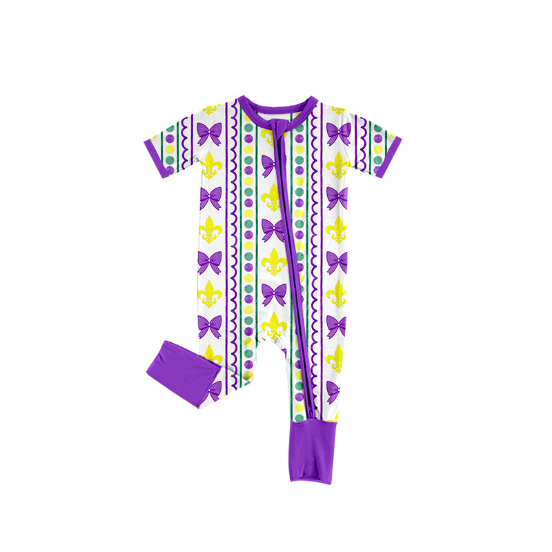 Mardi Gras bow baby girl short sleeve romper preorder