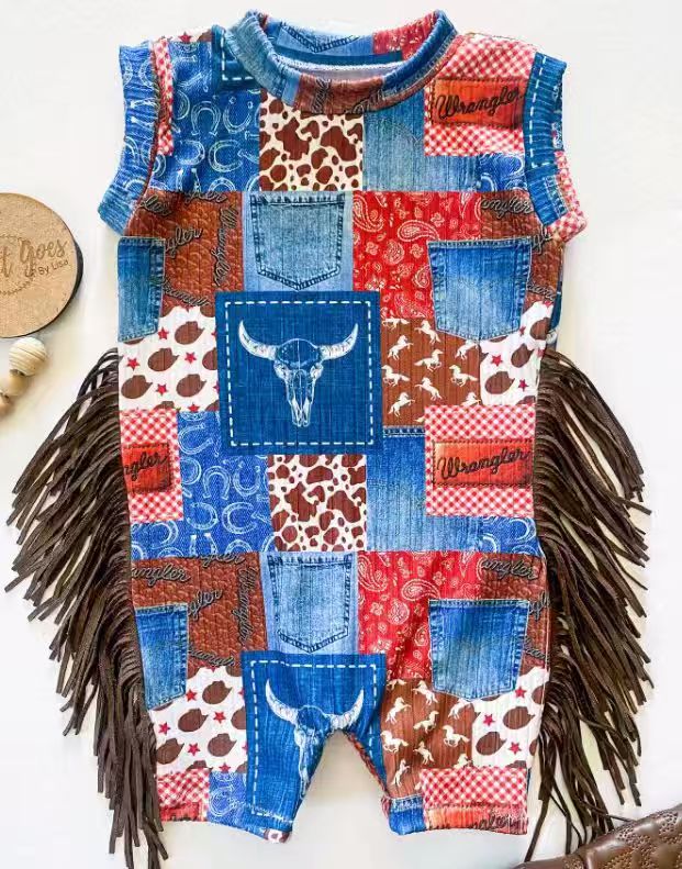 Western aztec cow print tassel romper preorder