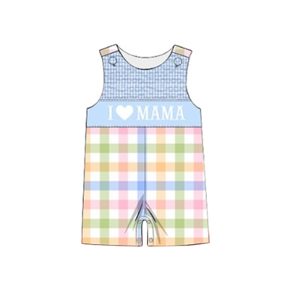 I love mama plaid design boys romper preorder
