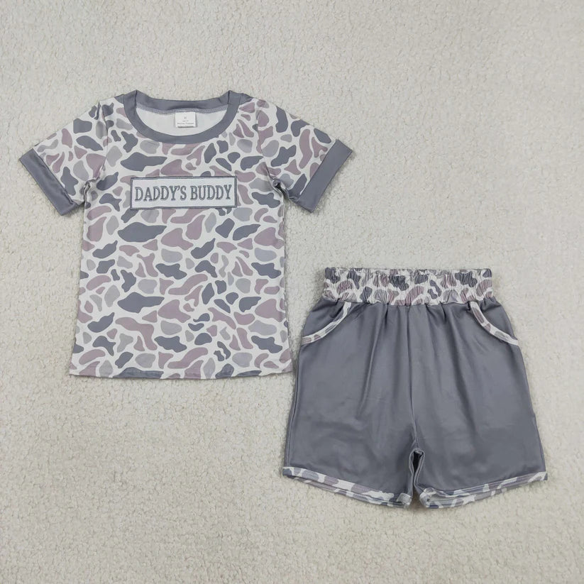 Embroidery Daddys buddy light grey camo top matching shorts boy summer outfit