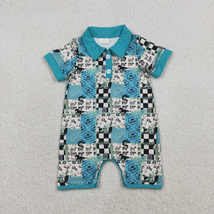 cowboy rodeo short sleeve zip romper