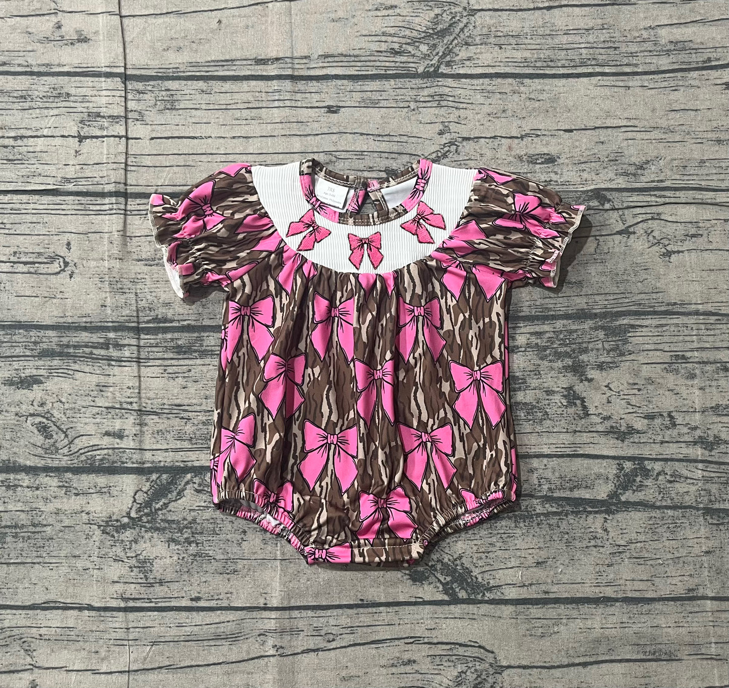 Pink bow camo design girls smocked romper preorder