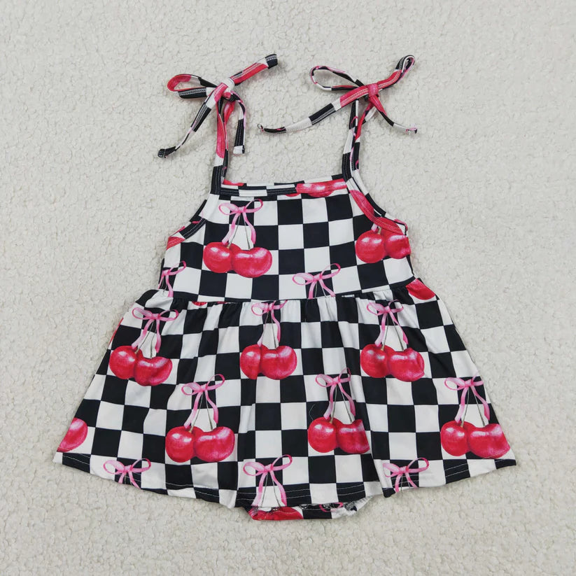 Black checkered cherry top matching short girl summer outfit