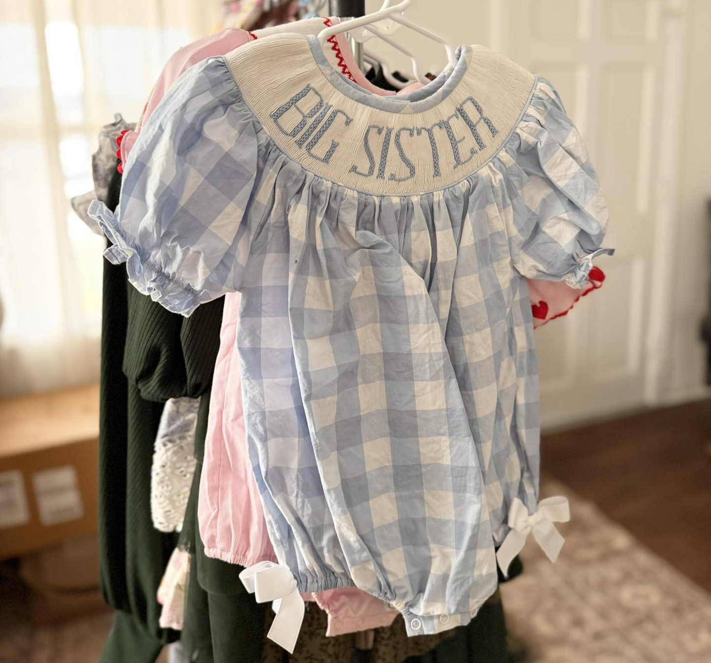 Big sister blue plaid summer romper preorder