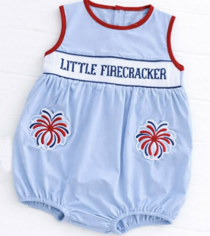 Little firecracker July 4th toodle boy romper preorder