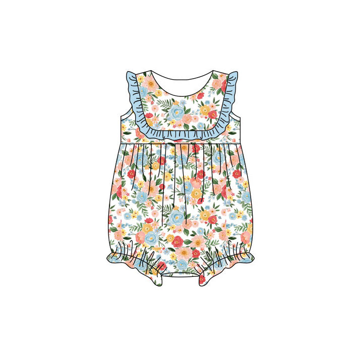 Pink blue flowers toodle girl summer romper preorder