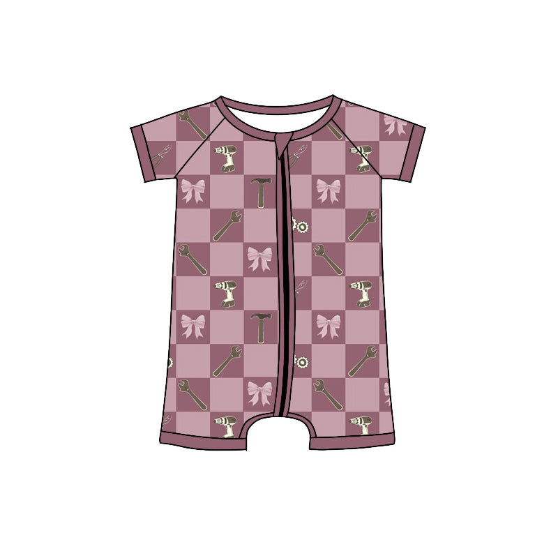 Pink bow tool print infant baby girl summer romper preorder