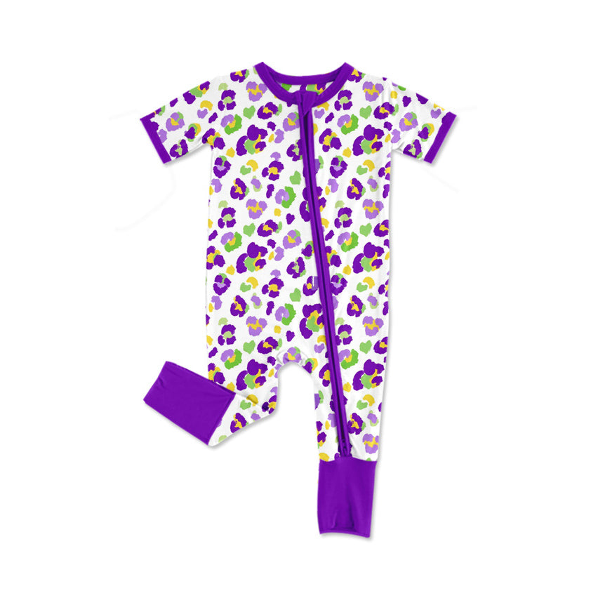 Mardi gras leopard print toddle baby girls short sleeve romper preorder