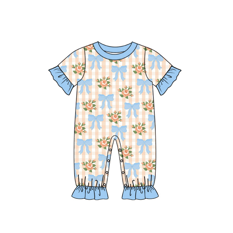 Blue bow flowers print toddle baby short sleeve romper preorder