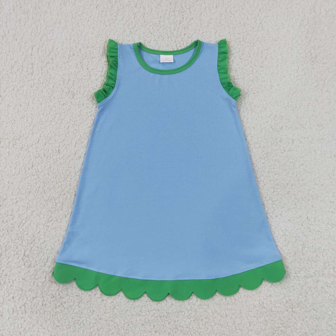 Blue color green ruffle girls summer dress