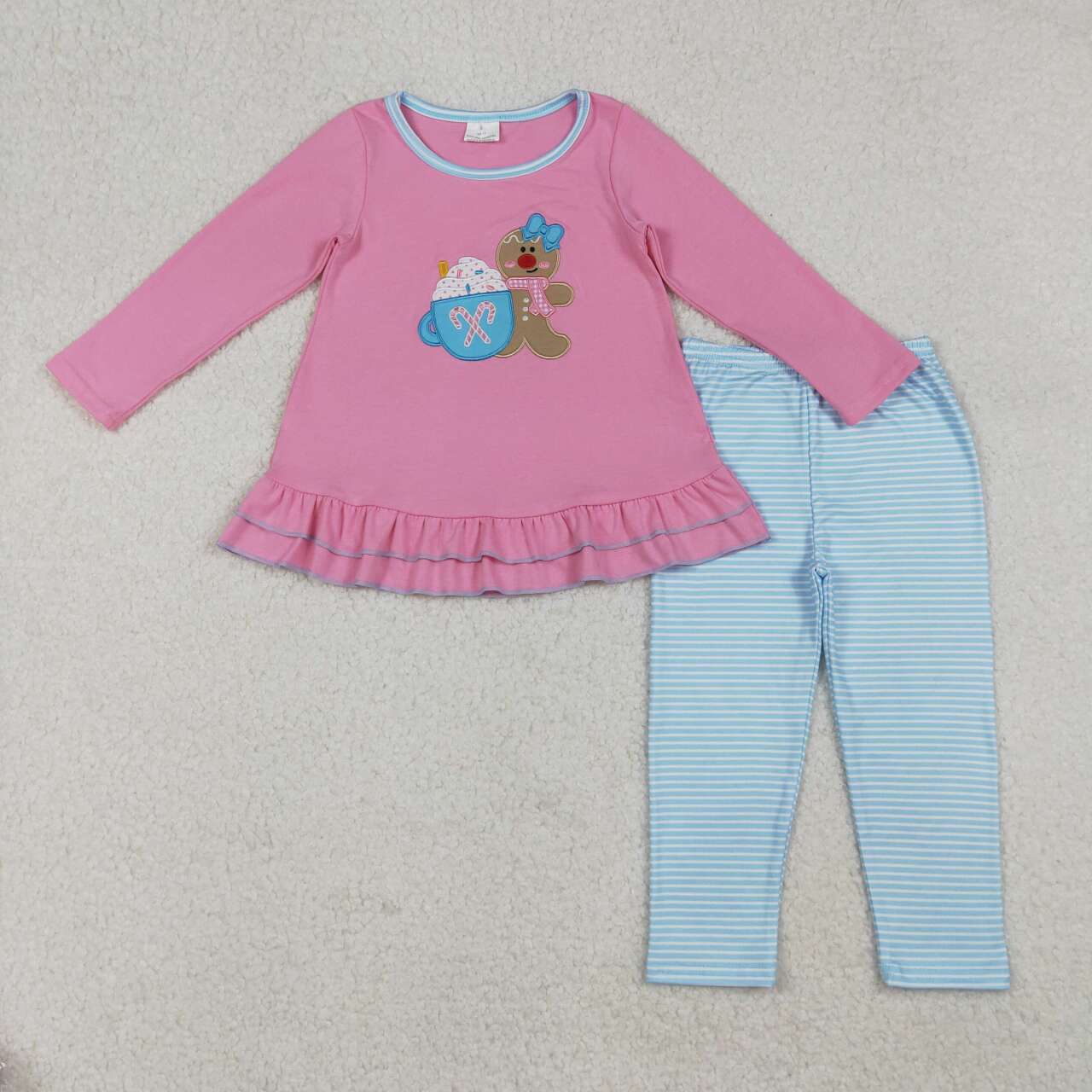 Christmas embroidery gingerbread girls long sleeve outfit