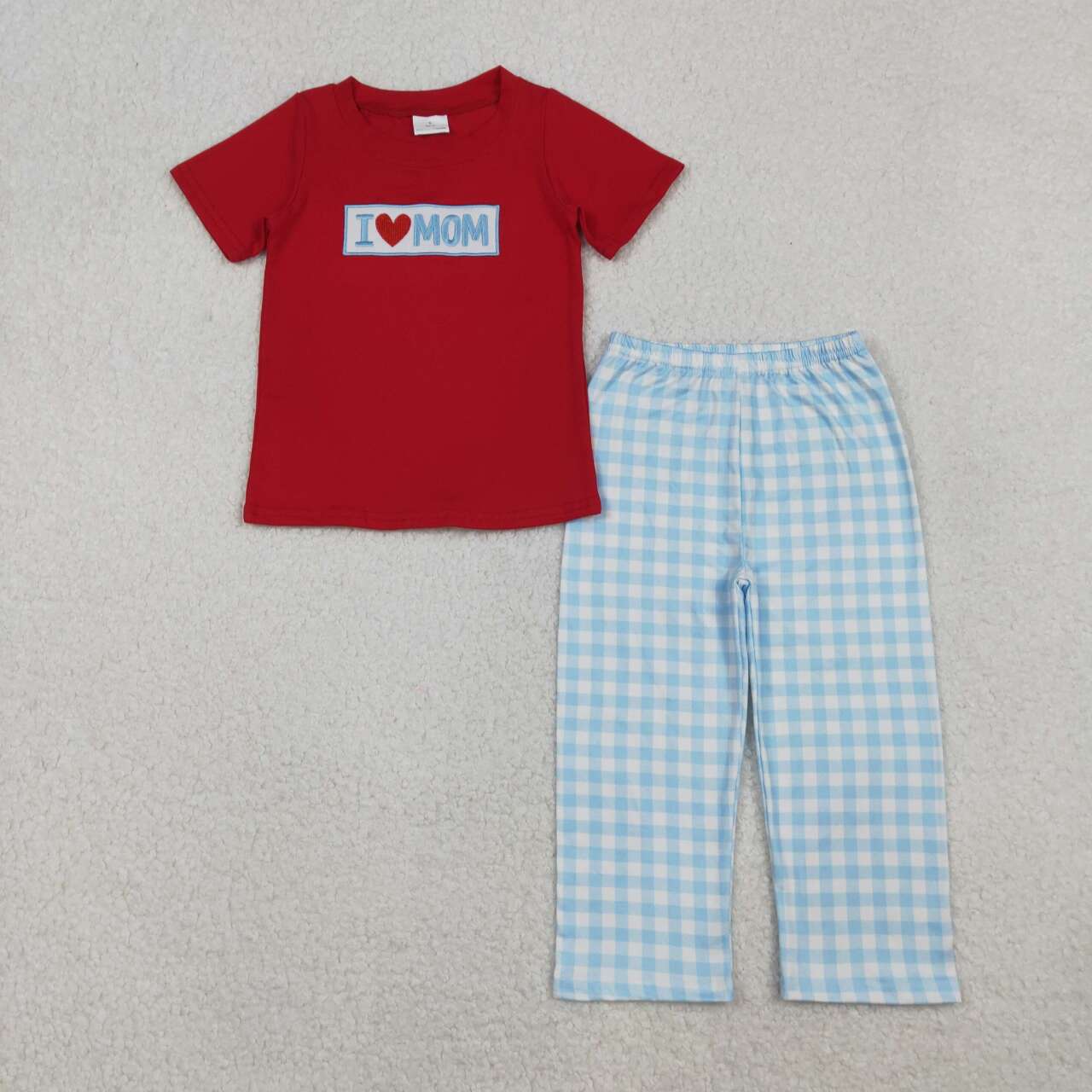 Embroidery I LOVE MOM red shirt blue plaid pants boys outfit